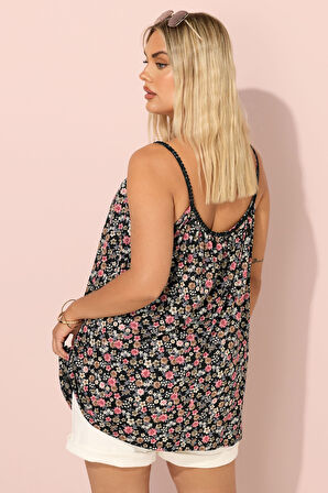 Büyük Beden Sıfır Kol Yaka Detaylı Çiçek Desenli T-shirt 304240