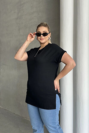 Büyük Beden Kısa Kollu Bisiklet Yaka Yanları Yırtmaçlı Basic T-shirt RFT-01