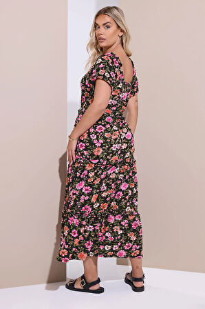 Büyük Beden Kısa Kollu Çiçek Desenli Yakası Büzgülü Maxi Elbise 270237