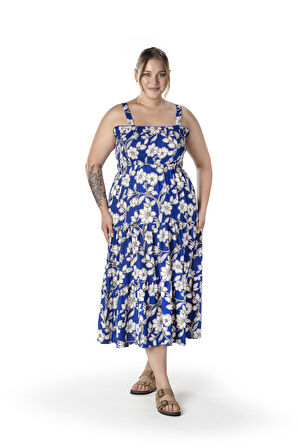 Büyük Beden Çiçek Desenli Kalın Askılı Beli Lastikli Elbise T-80