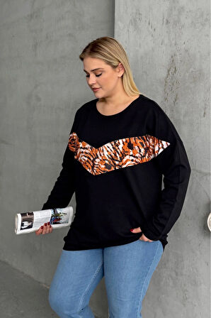 Büyük Beden Bisiklet Yaka Uzun Kollu Leopar Desenli Sweatshirt 300281