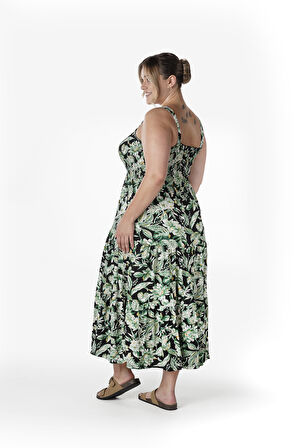 Büyük Beden Çiçek Desenli Kalın Askılı Beli Lastikli Elbise T-82