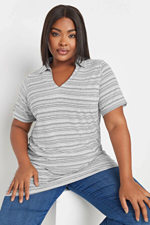 Büyük Beden Kısa Kol V Gömlek Yaka Çizgili Bluz 303436