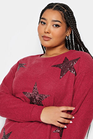 Büyük Beden Bisiklet Yaka Uzun Kollu Yıldız Baskılı Yumuşak Dokulu Kazak 302729