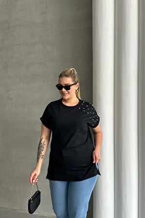 Büyük Beden Kısa Kollu Bisiklet Yaka Yanları Yırtmaçlı Boncuklu Basic T-shirt RFT-03