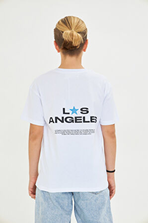 Los Angeles Baskılı %100 Pamuk Oversize Beyaz Unisex Çocuk Tişört