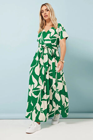 Büyük Beden V Yaka Çiçek Desenli Bürümcük Kumaş Elbise 304074