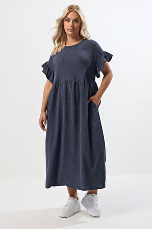 Büyük Beden Bisiklet Yaka Kısa Kollu Fırfırlı Uzun Elbise 270342