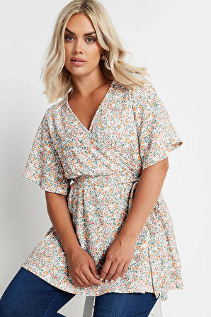 Büyük Beden Kısa Kollu V Yaka Önü Kuşaklı Desenli Eteği Bollaşan Bluz 321935