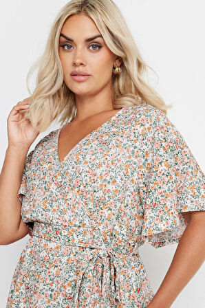 Büyük Beden Kısa Kollu V Yaka Önü Kuşaklı Desenli Eteği Bollaşan Bluz 321935