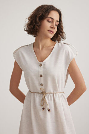 Vos VersaKadın Keten Düğmeli Bağlama Detaylı Taş Elbise VVK7092