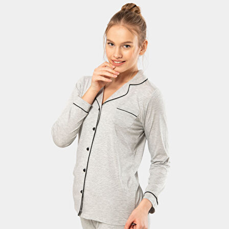 Düz Uzun Kollu Gömlek Yaka Pijama Takım 3365/Gri
