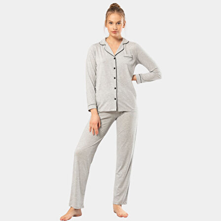 Düz Uzun Kollu Gömlek Yaka Pijama Takım 3365/Gri