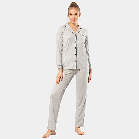 Düz Uzun Kollu Gömlek Yaka Pijama Takım 3365/Gri