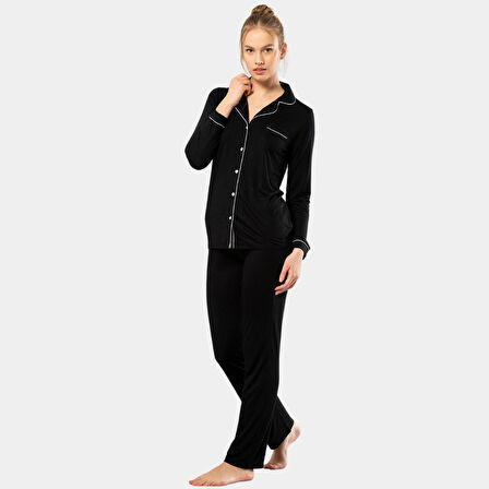 Düz Uzun Kollu Gömlek Yaka Pijama Takım 3365/Siyah