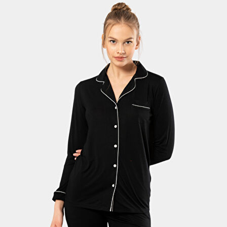 Düz Uzun Kollu Gömlek Yaka Pijama Takım 3365/Siyah