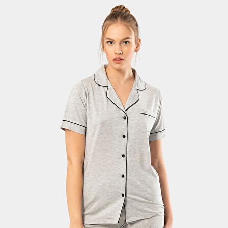 Düz Kısa Kollu Gömlek Yaka Pijama Takım 3368/Gri