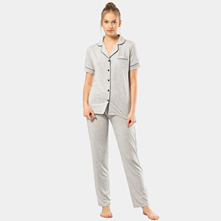 Düz Kısa Kollu Gömlek Yaka Pijama Takım 3368/Gri