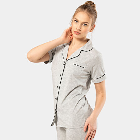 Düz Kısa Kollu Gömlek Yaka Pijama Takım 3368/Gri