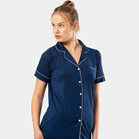 Düz Kısa Kollu Gömlek Yaka Pijama Takım 3368/Lacivert