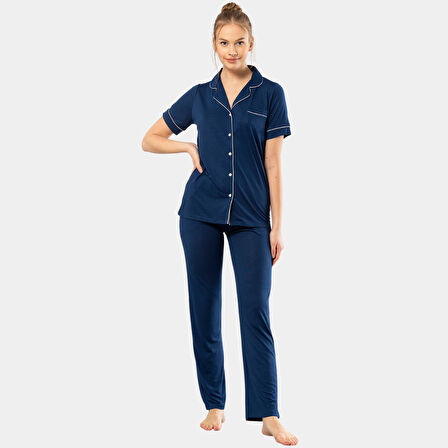 Düz Kısa Kollu Gömlek Yaka Pijama Takım 3368/Lacivert