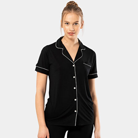 Düz Kısa Kollu Gömlek Yaka Pijama Takım 3368/Siyah