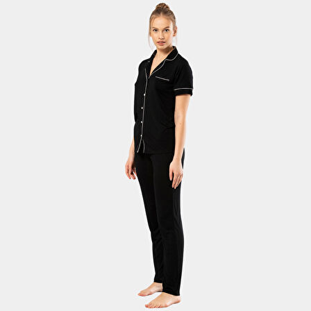 Düz Kısa Kollu Gömlek Yaka Pijama Takım 3368/Siyah