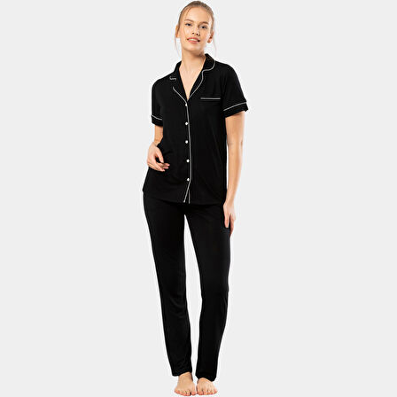 Düz Kısa Kollu Gömlek Yaka Pijama Takım 3368/Siyah