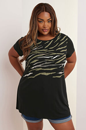 Büyük Beden Kısa Kollu Bisiklet Yaka Metalik Baskılı T-shirt 304149