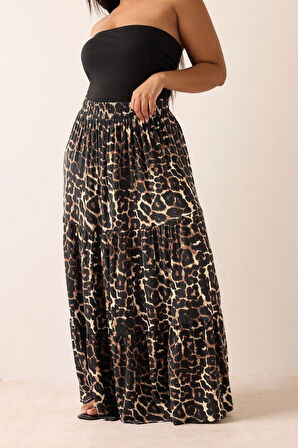 Büyük Beden Bürümcük Kumaş Leopar Desenli Beli Lastikli Etek 304237