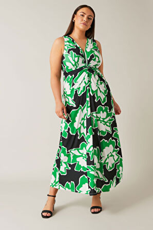 Büyük Beden V Yaka Sıfır Kol Çiçek Desenli Önü Büzgülü Maxi Elbise 615376