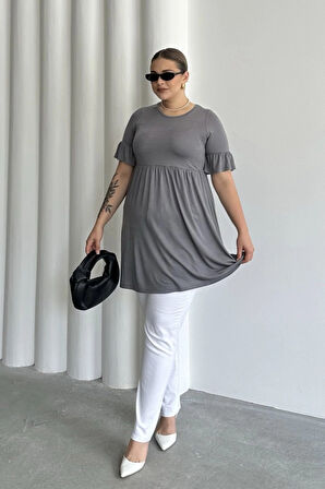 Büyük Beden Kol Detaylı Beli Lastikli Pileli Tunik T-shirt T43