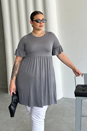 Büyük Beden Kol Detaylı Beli Lastikli Pileli Tunik T-shirt T43