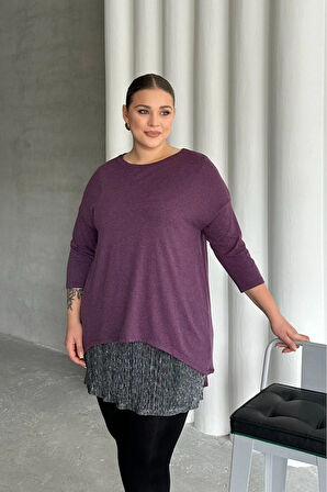 Büyük Beden Eteği Tül Detaylı Uzun Kollu İnce Bluz 84-106