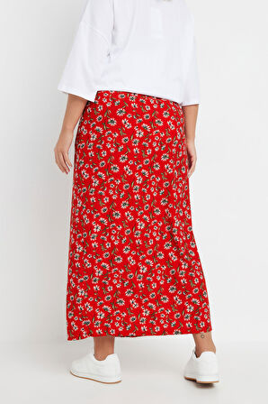 Büyük Beden Beli Lastikli Uzun Kesim Çiçek Desenli Cepsiz Etek 303898