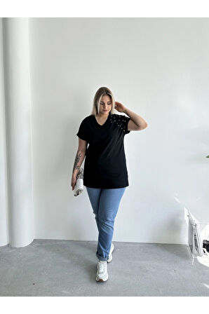 Büyük Beden Kısa Kollu V Yaka Yanları Yırtmaçlı Boncuklu Basic T-shirt RFT-04