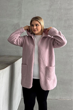 Büyük Beden Uzun Kollu Kapüşonlu Önü Kapamasız Cepli Peluş Ceket 97-14