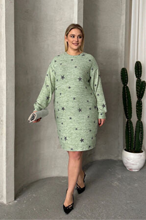 Büyük Beden Uzun Kollu Bisiklet Yaka Yıldız Desenli Esnek Elbise 84-158