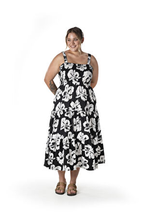 Büyük Beden Çiçek Desenli Kalın Askılı Beli Lastikli Elbise T-79