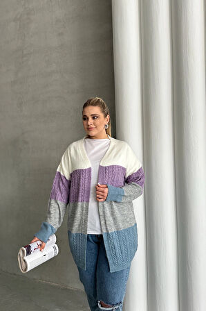 Büyük Beden Uzun Kollu Önü Kapamasız Renk Bloklu Triko Hırka 302148