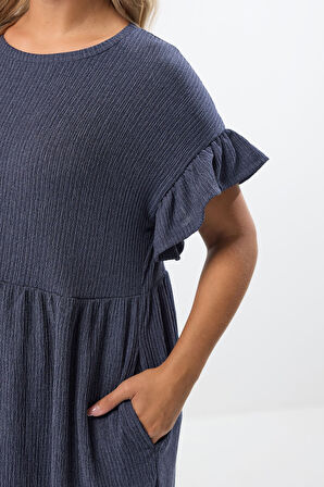 Büyük Beden Bisiklet Yaka Kısa Kollu Fırfırlı Uzun Elbise 270342