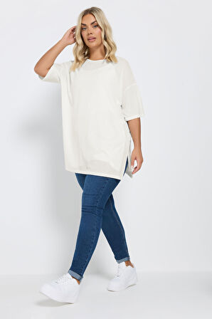 Büyük Beden Bisiklet Yaka Kısa Kollu Yanları Yırtmaçlı Astarlı Bluz 303434