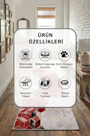 Suerto Kırmızı Salon Mutfak Yatak Odası Dijital Baskı Yolluk Halı