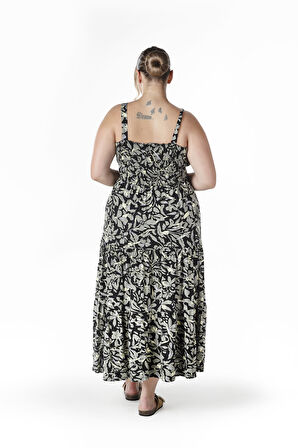 Büyük Beden Çiçek Desenli Kalın Askılı Beli Lastikli Elbise T-81