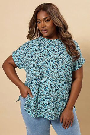 Büyük Beden Kısa Kollu Bisiklet Yaka Çini Desenli T-shirt 304190