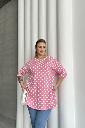 Büyük Beden Kısa Kollu Bisiklet Yaka Yanları Yırtmaçlı Puantiyeli Bluz 98-55
