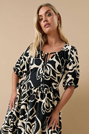 Büyük Beden Yakası Büzgülü Kısa Kollu Beli Lastikli Midi Elbise 304140