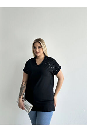 Büyük Beden Kısa Kollu V Yaka Yanları Yırtmaçlı Boncuklu Basic T-shirt RFT-04