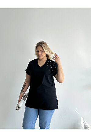 Büyük Beden Kısa Kollu V Yaka Yanları Yırtmaçlı Boncuklu Basic T-shirt RFT-04