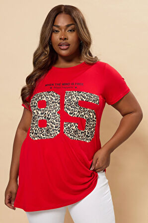 Büyük Beden Bisiklet Yaka Kısa Kollu Baskılı T-shirt 304173